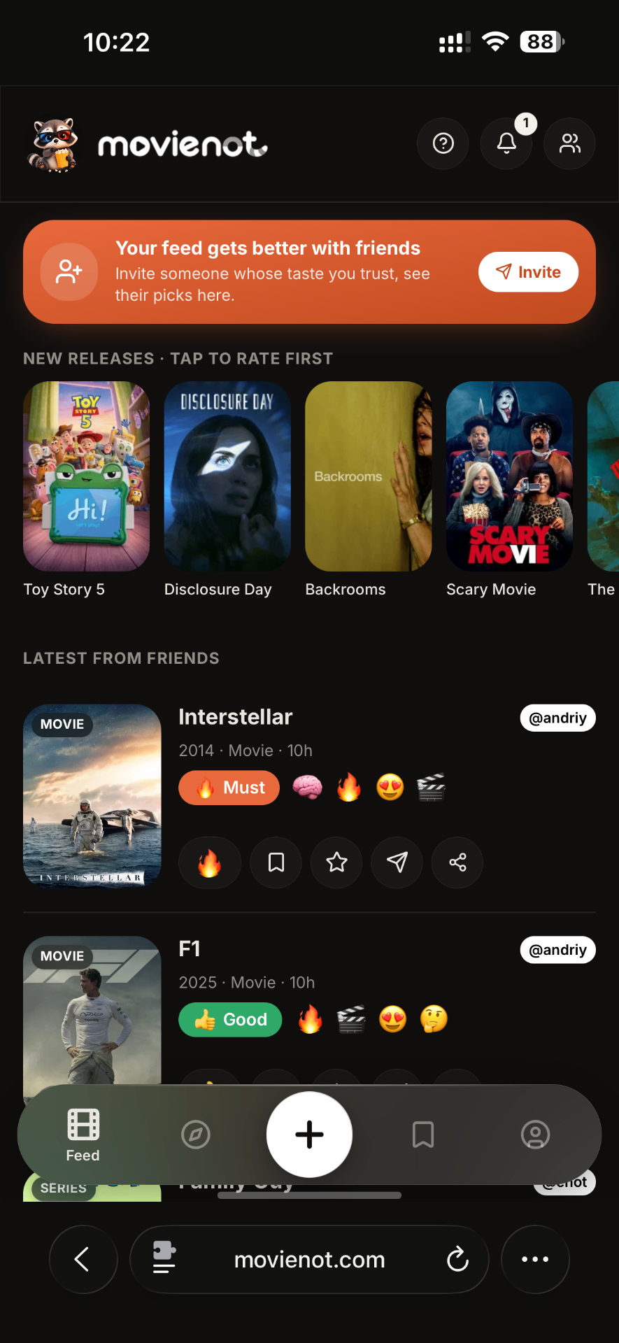 Movienot feed with friends' ratings
